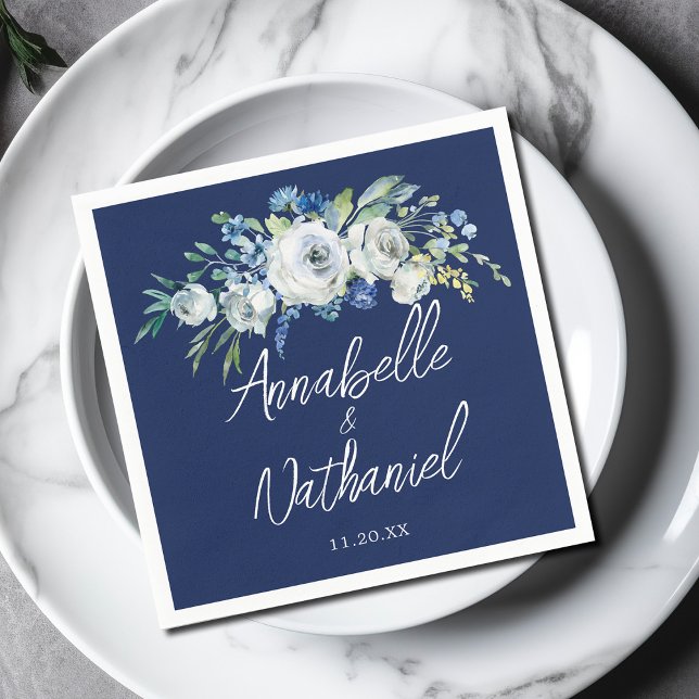 Serviette En Papier Marine Bleu Blanc Floral Moderne Mariage du soir (Créateur téléchargé)