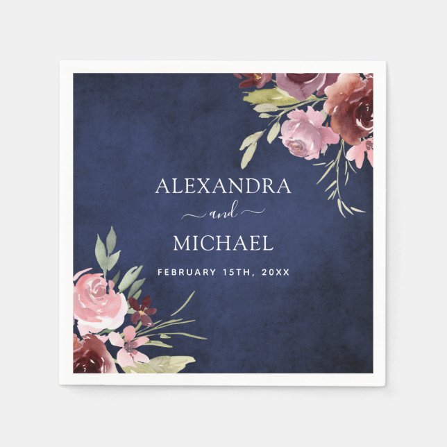 Serviette En Papier Marine Bleu Bourgogne Elégant Mariage Aquarelle (Devant)