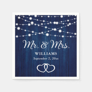 Serviette En Papier Marine Bleu Chaîne Lumières Coeurs Bois rustique M