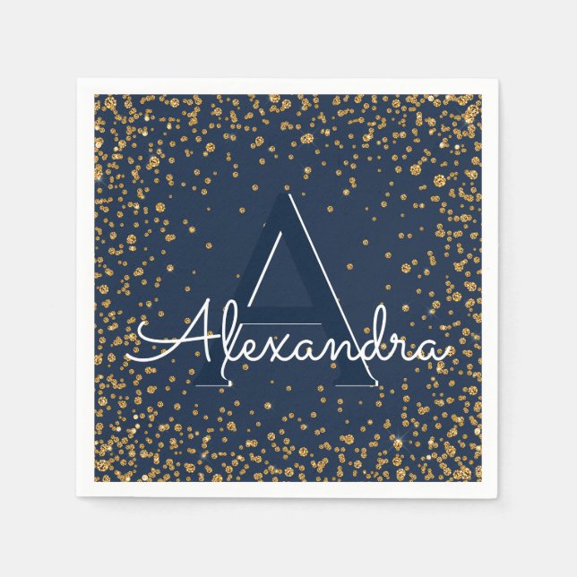 Serviette En Papier Marine bleu et or Confetti Monogramme Anniversaire (Devant)