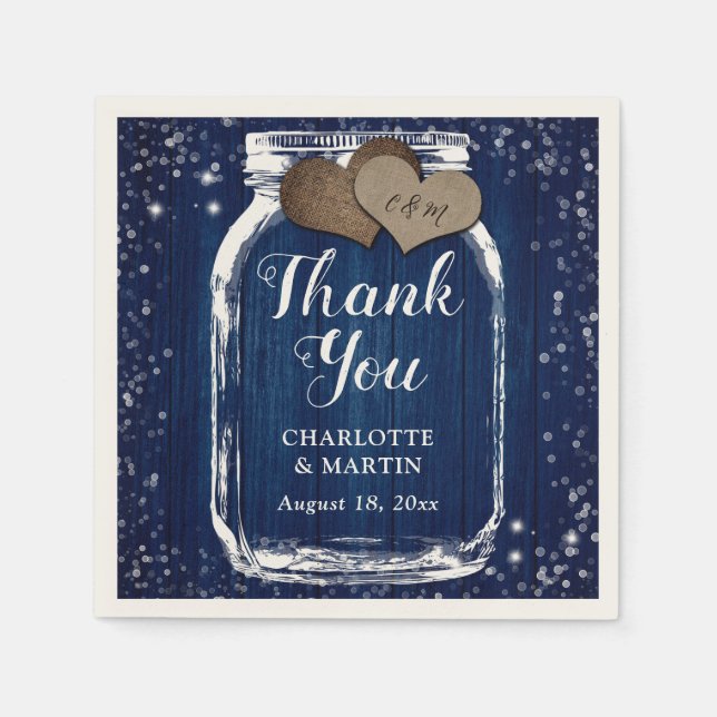 Serviette En Papier Marine Bleu Grange en bois Mason Jar Merci Mariage (Devant)