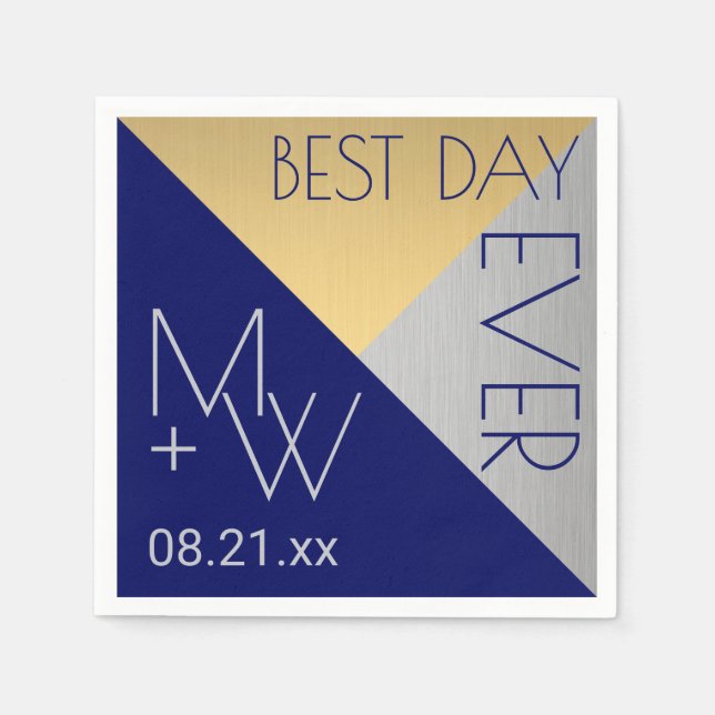 Serviette En Papier Marine Bleu Mariage Chic Meilleur Jour Jamais Déco (Devant)
