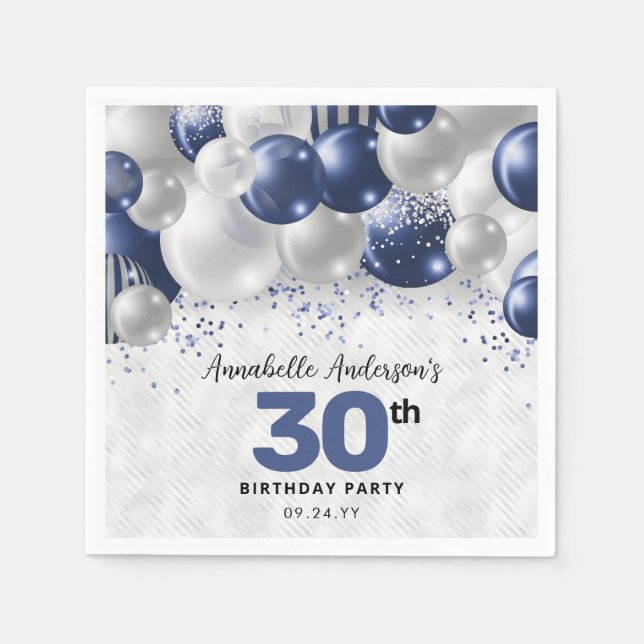 Serviette En Papier Marine Bleu Parties scintillant de ballon d'argent (Devant)