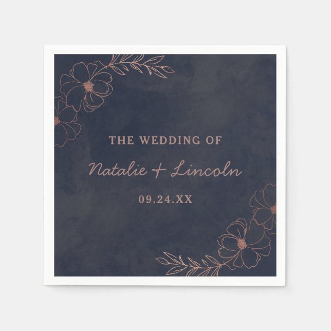 Serviette En Papier Marine Bleu & Rose Gold Foil Chic Mariage Monogram (Devant)