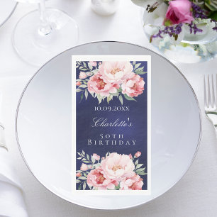 Serviette En Papier Marine bleu rose roses floraux élégant anniversair