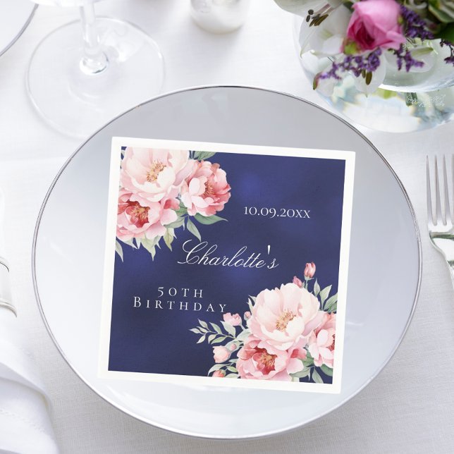 Serviette En Papier Marine bleu rose roses floraux élégant anniversair (Créateur téléchargé)