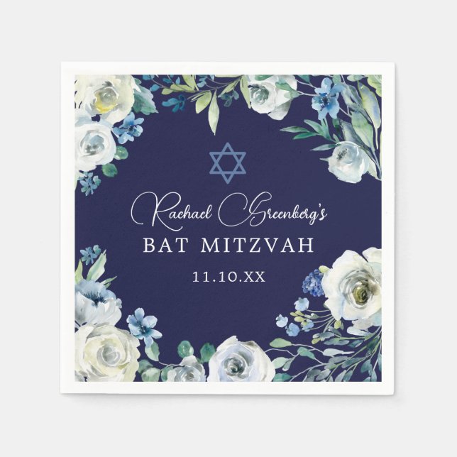 Serviette En Papier Marine Blue Floral Star de David Parti Bat mitzvah (Devant)