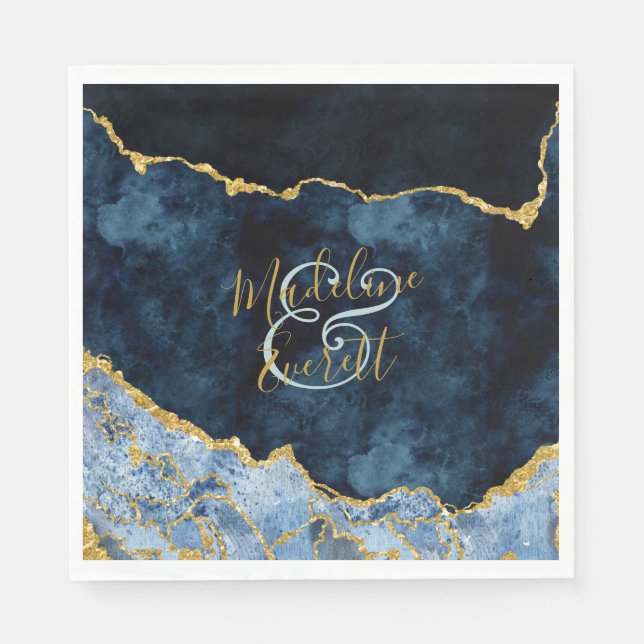 Serviette En Papier Marine Blue Gold Foil Agate Marbre Mariage Monogra (Devant)