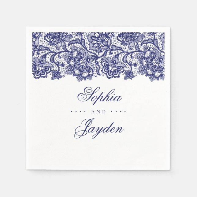 Serviette En Papier Marine Blue Lace Mariage élégant (Devant)