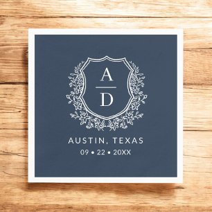 Serviette En Papier Marine Blue Monogram Floral Mariage Crest