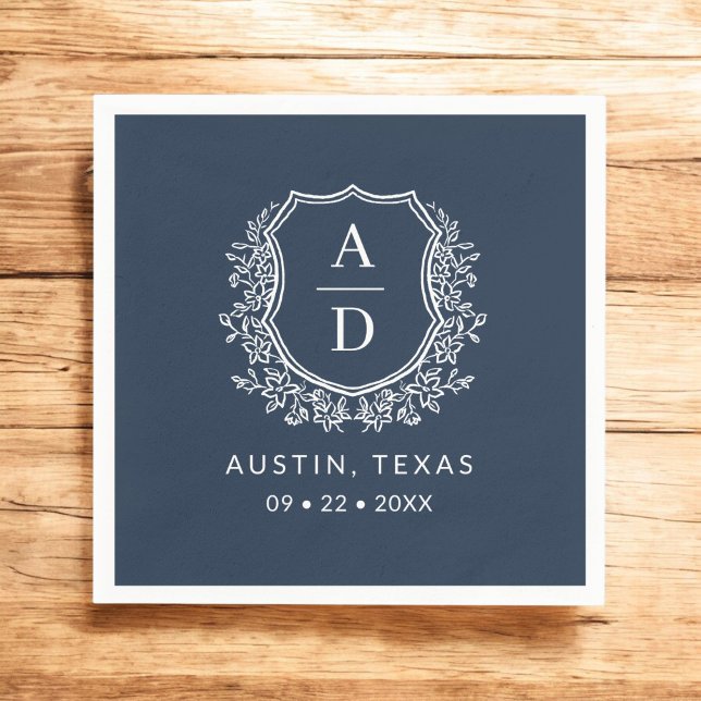Serviette En Papier Marine Blue Monogram Floral Mariage Crest (Créateur téléchargé)