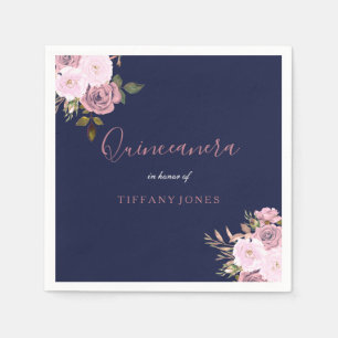 Serviette En Papier Marine Blue & Rose Gold Floral Quinceanera Party