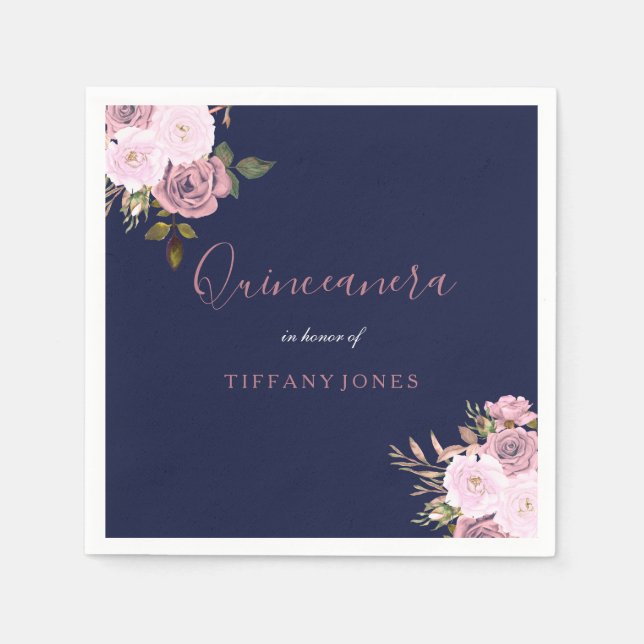 Serviette En Papier Marine Blue & Rose Gold Floral Quinceanera Party (Devant)