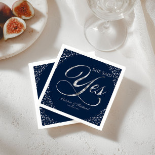 Serviette En Papier Marine Blue Silver Elle A Dit Oui Engagement Party