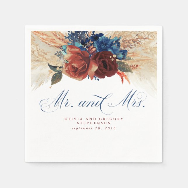 Serviette En Papier Marine Blue Terracotta Floral Pampas Mariage en he (Devant)