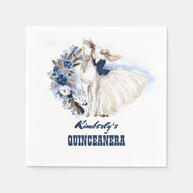 Serviette En Papier Marine Blue Western Cowgirl et Horse Quinceanera (Devant)