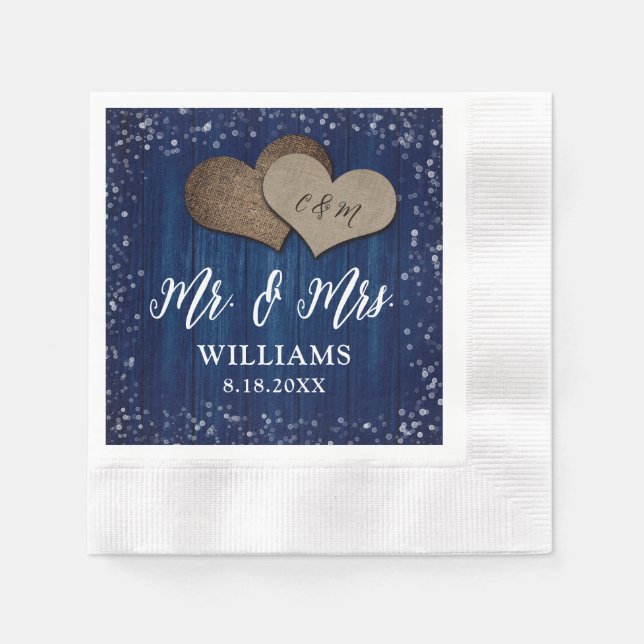 Serviette En Papier Marine Blue Wood Burlap Coeurs Mr & Mrs Mariage (Devant)