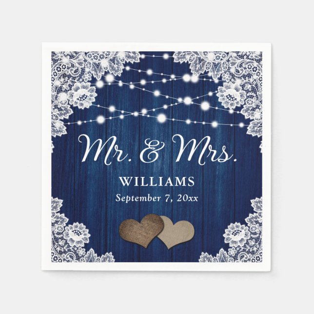 Serviette En Papier Marine Blue Wood Lace Hearts String Lights Mariage (Devant)
