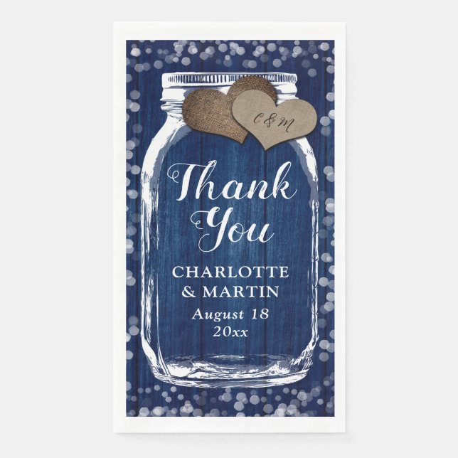 Serviette En Papier Marine Blue Wood Mason Jar Mariage d'hiver Merci (Devant)