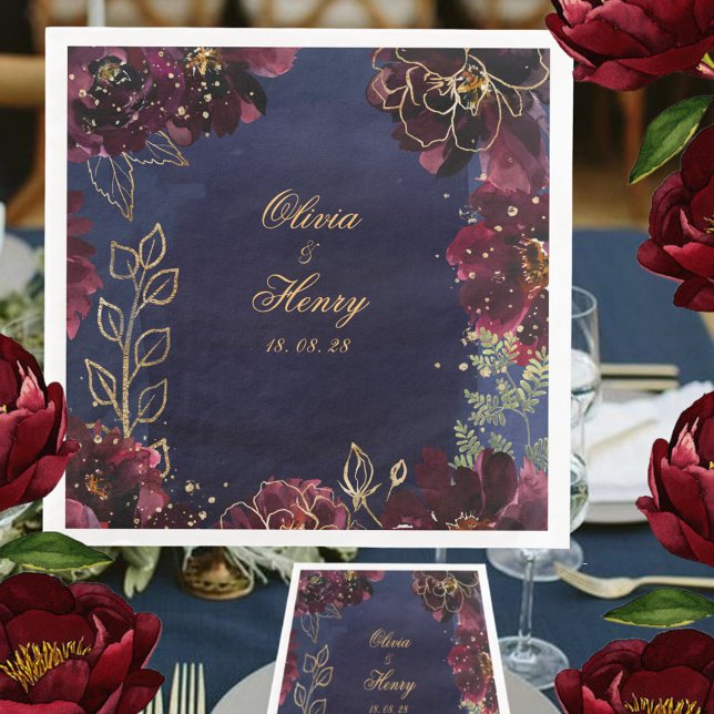 Serviette En Papier Marine Bordeaux Mariage 8 pouces Carré (Créateur téléchargé)