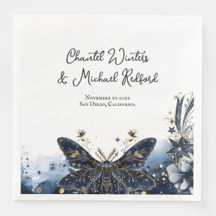 Serviette En Papier Marine céleste Blue and Gold Moth Mariage Bienvenu