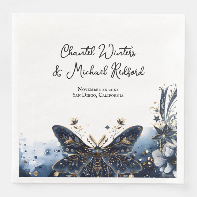 Serviette En Papier Marine céleste Blue and Gold Moth Mariage Bienvenu (Devant)