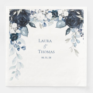 Serviette En Papier Marine Dusty Bleu & Blanc Jardin Élégant Mariage
