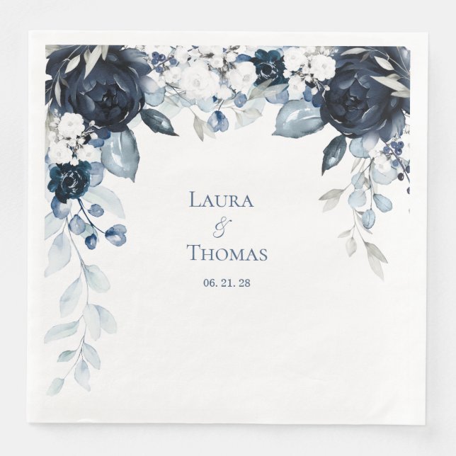 Serviette En Papier Marine Dusty Bleu & Blanc Jardin Élégant Mariage (Devant)