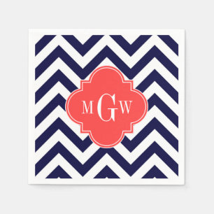 Serviette En Papier Marine Lg Chevron Coral Red Quatrefoil 3 Monogramm