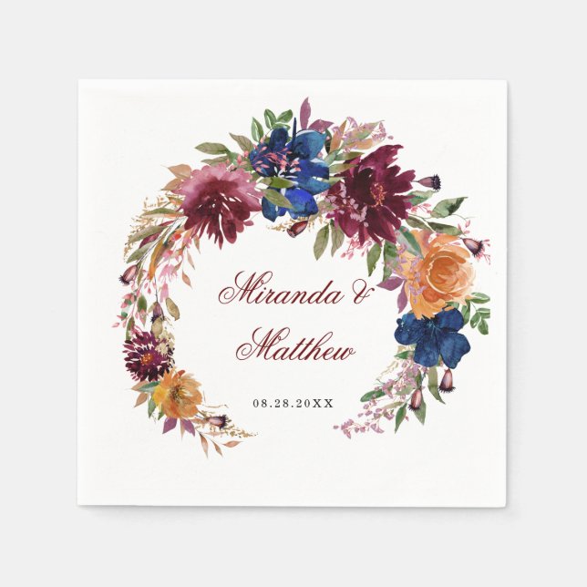 Serviette En Papier Marine Marsala Orange Floral Mariage géométrique (Devant)