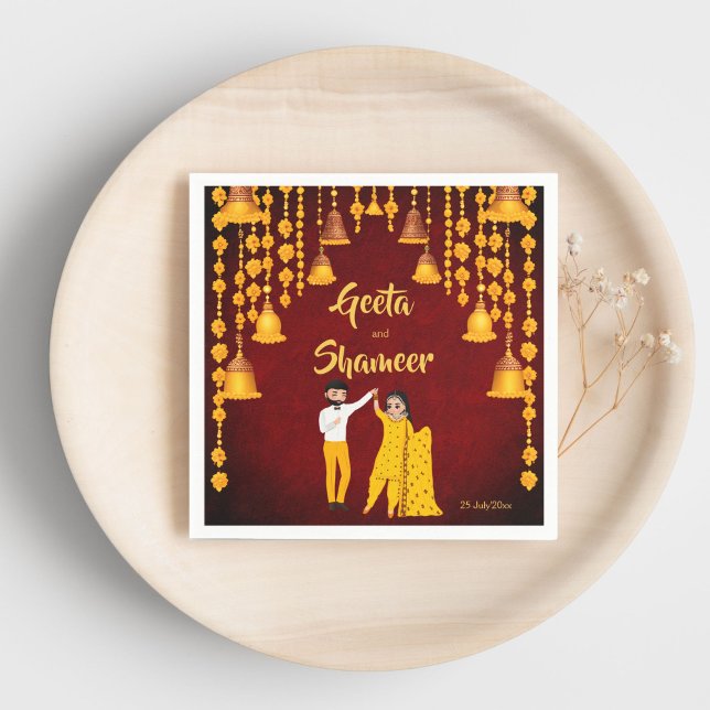 Serviette En Papier Maroon mariage indien Haldi Mehndi Sangeet jaune (Haldi Mehndi Sangeet Indian wedding maroon and yellow template Napkins personalized tableware decor)
