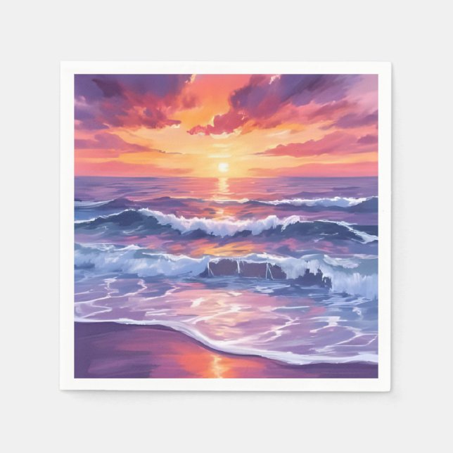 Serviette En Papier Marque violette | Violet Sunset Ocean Waves Peint (Devant)