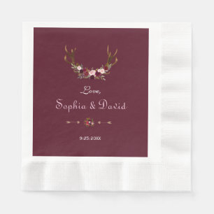 Serviette En Papier Marsala de Bourgogne Floral Antlers Mariage