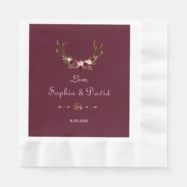 Serviette En Papier Marsala de Bourgogne Floral Antlers Mariage (Devant)