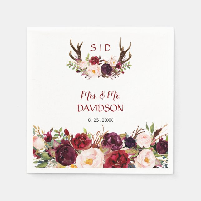 Serviette En Papier Marsala de Bourgogne Floral Antlers Monogram Maria (Devant)