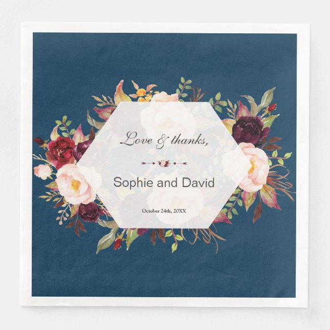 Serviette En Papier Marsala de Bourgogne Floral Mariage géométrique (Devant)