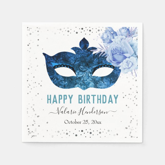 Serviette En Papier Mascarade bleue fête d'anniversaire (Devant)