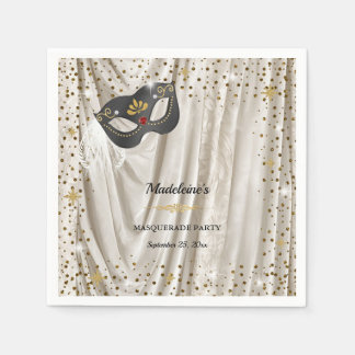 Serviette En Papier Mascarade Charbon Ivory Blanc Damassé Étoiles Doré