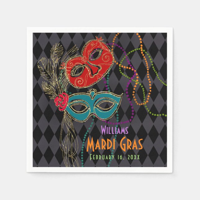 Serviette En Papier Mascarade Mardi Gras Mascarade Masque Arlequin Noi (Devant)