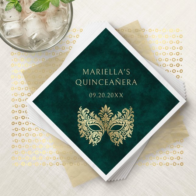 Serviette En Papier Mascarade verte Masque élégant Quinceanera (Créateur téléchargé)