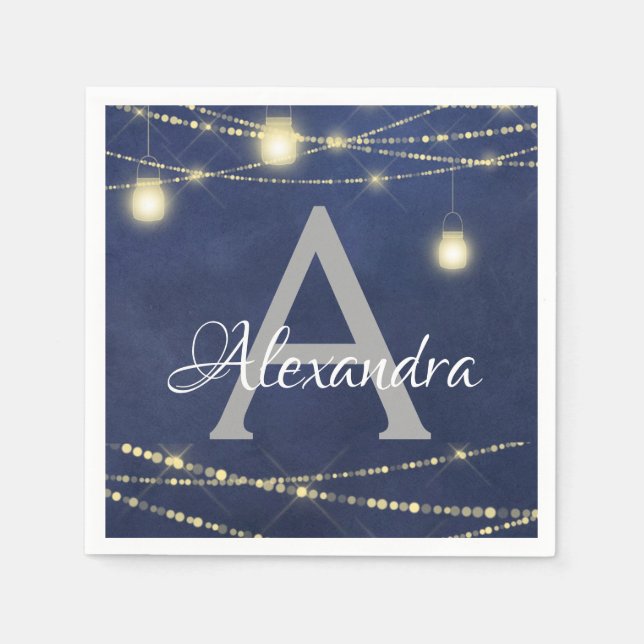 Serviette En Papier Mason Jar et String Lights Monogramme Anniversaire (Devant)