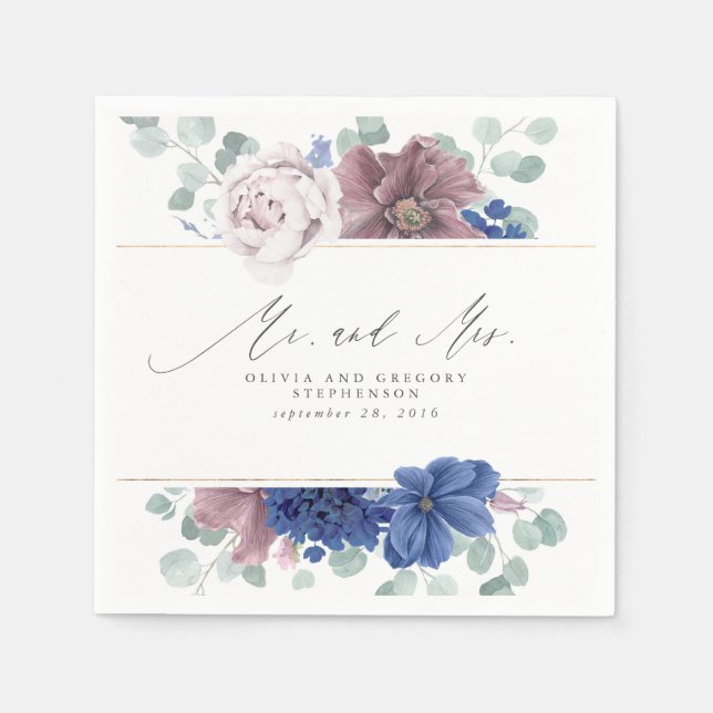 Serviette En Papier Mauve et Navy Blue Floral Botanical M. et Mme. (Devant)