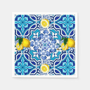 Serviette En Papier Méditerranée, majolica, tuiles, citrons, agrumes