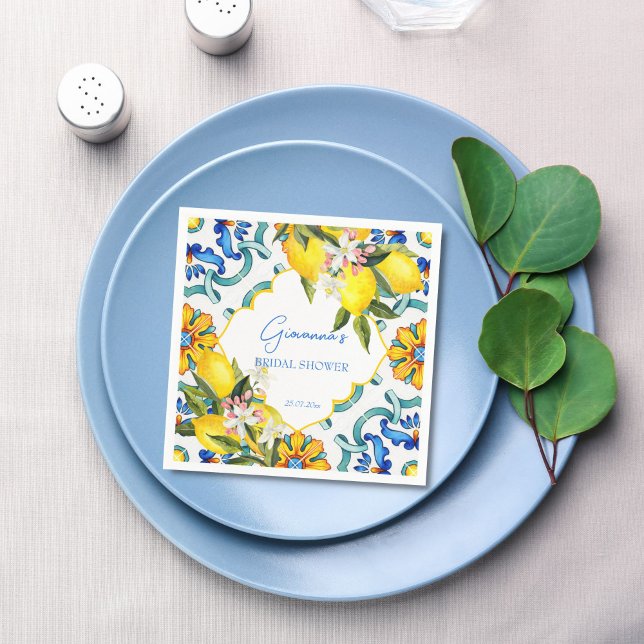 Serviette En Papier Méditerranée Majolica tuiles citrons douche nuptia (Mediterranean Majolica blue tiles lemons bridal shower personalized printed Napkins table decor)