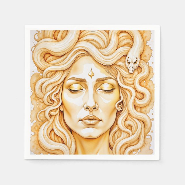 Serviette En Papier Medusa Portrait De Déesse Ancienne En Jaune Riche (Devant)