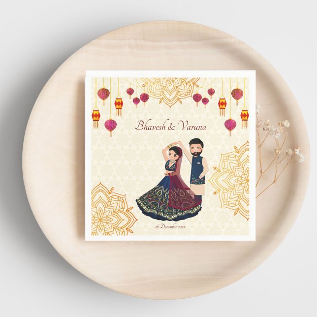 Serviette En Papier Mehndi & sangeet manadala et couple indien mignon (Mehndi sangeet Indian wedding table decor manadala cute Indian couple personalized Napkins template)