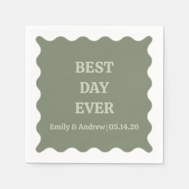 Serviette En Papier Meilleur Jour jamais Sage Green Chic Mariage Wavy  (Devant)