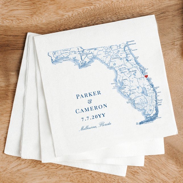 Serviette En Papier Melbourne Florida Carte Mariage élégant (Elegant Melbourne Florida map wedding napkins in navy blue from Coastal Map Designs)