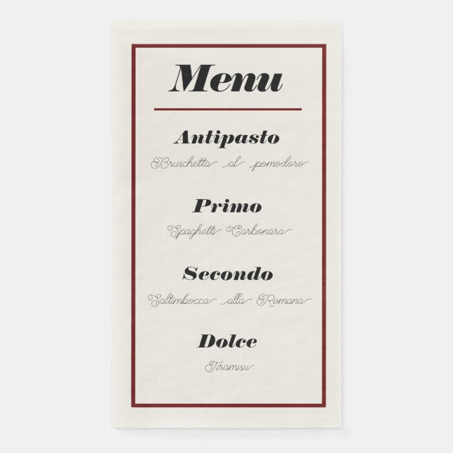 Serviette En Papier Menu Italien Diner Naples (Devant)