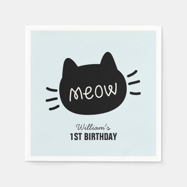 Serviette En Papier Meow Black Cat Face Blue Boy Anniversaire (Devant)